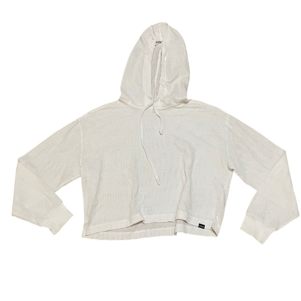 PINK Victoria's Secret Women's Sm White Mesh Cropped Hoodie Pullover Relaxed Fit